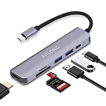 FITLONG USB C 허브 MacBook Pro/Air 어댑터와 호환되는 USB C 어댑터 4K HDMI 출력이 있는 6 in 1 SD/TF 카드 리더기 100W PD 노트북 및 기타 유형 C 장치와 호환 가능 -12154, 허브 6 IN 1