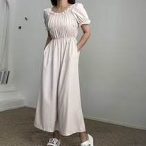 에이치스 스모크 밴딩 퍼프소매 프릴 와이드 반팔 점프수트