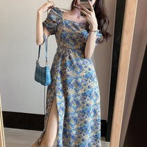 봄빛 퍼프 플라워 플레어 옆트임 미디 원피스 11071
