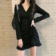 블링앤수 여성 브이넥 프릴 슬림핏 미니 원피스 KZZ703