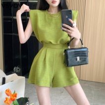vsyoy 외국 스타일 정장 여성의 여름 기질 느슨한 민소매 티셔츠 탑 하이 허리 와이드 레그 반바지 유행 하이 센스 투피스 세트