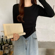 넷투넷코리아 여성 슬림핏 라운드넥 니트 티셔츠 꼬임 언발 트임