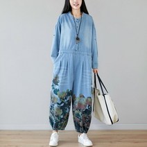 빅사이즈 점프수트 여성점프슈트 여성 헐렁한 와이드 레그 진 빅 사이즈 긴 소매 카우보이 드롭 가랑이 전체적으로 느슨한 유럽 스트리트웨어 데님 롬퍼