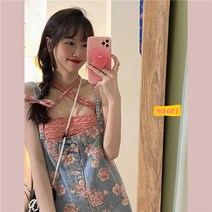 여자 멜빵 치마 원피스 노화 방지 가 복고풍 슬림 섹션 데님 끈나시 원피스 여성용빅사이즈빅사이즈 오버핏 민소매블루 체크 여름