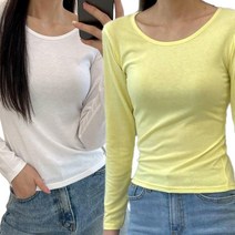루니드 2장묶음 레이욘혼방 소프트스판 슬림핏 U넥 긴팔티셔츠