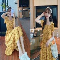 러블리 플라워 스모그 밴딩 스퀘어넥 원피스 옐로우 아이보리 블랙 데일리 베이직한 여리여리 잔꽃 여성 꽃무늬 하객 정장 여름 피크닉 여행 캐주얼 오피스 드레스 플레어 스커트 룩 쉬폰