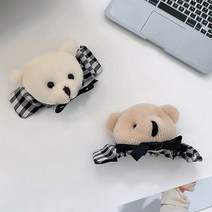 일호장신구 리본 타이 체크 곰 머리핀 2종 세트 곰돌이 똑딱핀 머리핀 딱핀 국내배송