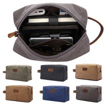 OEM 여행 방수 레트로 캔버스 수납 가방 인조 가죽 세면도구 메이크업 파우치