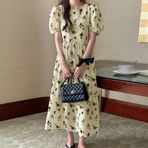 라라벨 여성용 원피스 머그 라운드넥 플라워 셔링 반팔 로맨틱 롱 원피스