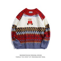 [ICE STONE] 만화 니트 스웨터 컬러 블록 Streetwear 점퍼 하라주쿠 가을 루즈 한 스웨터 캐주얼 크리스마스 풀오버 유니섹스