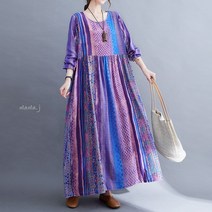 마마제이 봄 가을 맥시 퍼플 블루 나염 루즈핏 롱 원피스 빅사이즈 박시 간절기 중년여성옷