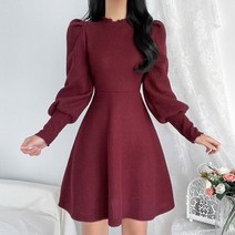 힙플리이브닝 퍼프 뒷리본 니트 플레어 원피스