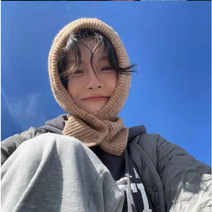 겨울 여성 니트 똑딱이 투버튼 후드 바라클라바 넥워머, 베이지