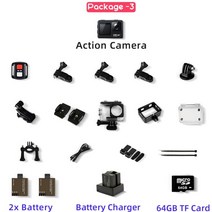 짐벌캠 waywalkers 액션 카메라 4k 60fps 24mp 2.0 인치 화면 eis 4x 줌 비디오 촬영 30m 방수 go pro 스포츠 헬멧 캠, 패키지-3
