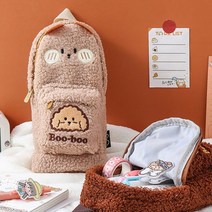귀여운 캐릭터 백팩 뽀글이 중학생 고등학생 큰 뽀글이 털 필통 파우치, 베이지