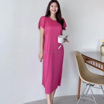 옷자락 여성 통소매 주름 라운드넥 일자 반팔 피서 롱원피스