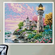 큐브아트 등대가보이는집 (60x50cm전체원형) 보석십자수