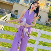 위위브렌 퍼플 홀터넥 와이드 핏 롱 점프슈트