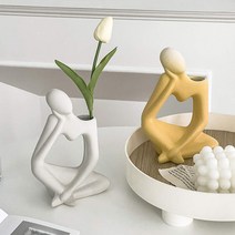 생각하는사람 모던 스톤 오브제 인테리어 조각상 화병, 화병+양귀비세트(2대), 네추럴