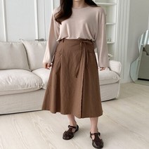 여자 고급스러운 무드 랩스타일 리본끈 린넨 롱스커트