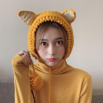여우 동물 귀 니트 귀도리 모자 노랑 스포츠 포인트템 귀덮개 아웃도어 겨울패션 방한용품 꽃샘추위 등산
