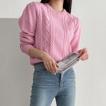 뜨개진 여성용 숄더퍼프 피셔 꽈배기 나오미 라운드 니트