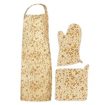 The Kosher Cook 패스오버 주방 리넨 세트 - 마자 프린트 디자인 100% 면 앞치마 냄비 홀더 오븐 장갑 페샤 세더 및 액세서리