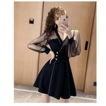가을과 겨울 새로운 랜턴 소매 기질 메쉬 긴 슬림 드레스