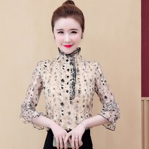 플라워프릴블라우스 일찍이 가을옷 스타일리쉬 긴 소매 부스지다 꽃블라우스 여성의류 레이스 상의 스탠딩카라 2184532910