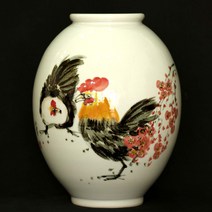 백자 닭문 달항아리 도자기(운보 작)35cm
