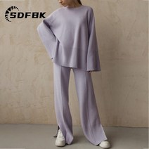 스키복 보드복 니트 스웨터 2 피스 세트 여성 겨울 사이드 슬릿 긴 소매 탑 와이드 레그 바지 뜨개질 바지 정장 솔리드 의상 바람막이 방한복 명품 점프슈트