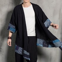 MIZU-FE 남자가디건 빈티지 면 린넨 셔츠 남 배색 트렌치코트 개량 당복 자수 미디엄 롱 린넨 카디건