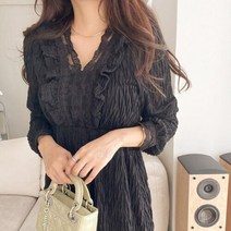 신세계TV쇼핑 [옷자락] 여자 레이스 고딕드레스 주름 프릴 검정 롱원피스