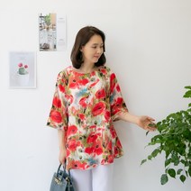 엄마옷마미소 메리인견불라우스 5060 중년여성의류 빅사이즈 넉넉한 빅사이즈 반팔셔츠 꽃무늬 시원한 인견블리우스