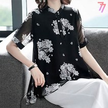 77우먼스 여성 방울꽃블라우스 봄 여름 빅사이즈 블라우스 꽃무늬 쉬폰 상의 엄마 선물 데일리룩 데이트룩 [리현커머스]