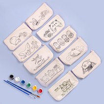 아이디몬 감성 파우치세트 10종 (물감포함) 컬러링 그리기 파우치 캔버스천 광목 필통 만들기, 아기코끼리, 미니아크릴물감A 6색