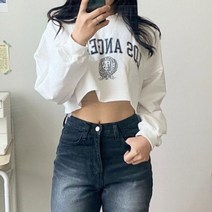 오무아무아 여성용 LA 마크 나염 프린팅 컷팅크롭 맨투맨