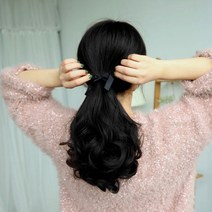 웨이브 리본 포니테일 가발 묶음머리 2p 내추럴블랙 묶음머리가발 묶은머리가발 숱커버 부분가발 올림머리가발 여성가발 반가발 웨이브가발 S컬가발 여자가발, 단품, 단품