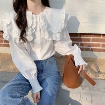 쉬폰블라우스 여성 퍼프소매 프릴넥 상의 루즈핏 화이트 긴팔 셔츠