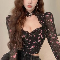진주 하트 초커 플라워 도트 프릴 블라우스 크롭 홀터넥 화이트 블랙