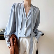 넥타이보우 셔츠 여성 루즈핏 오버핏 베이직 심플 광택 새틴 블라우스 셔츠 커리어우먼 스타일