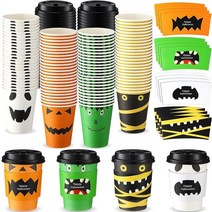 Umigy 100팩 할로윈 일회용 커피 컵 355ml12온스 종이 컵 돔 뚜껑 및 슬리브 포함 핫 콜드 음료 주스 파티 장식용 고스트 스타일 121336, Ghost Style