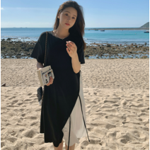 블랙 앤 화이트 배색 레이어드 언발 원피스