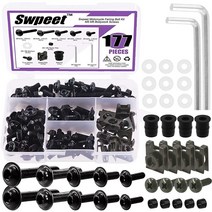 Swpeet 177피스 2가지 사이즈 M5 M6 오토바이 페어링 볼트 모음 키트 윈드스크린 나사 패스너 고정 스포츠바이크 모든 모델 및 연식 스포츠 자전거용 (실버)190065, Black