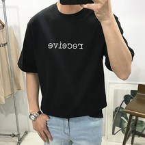 차니샵 남자 면 100% receive 자수 오버핏 깔끔 반팔 티셔츠