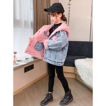 JS2616 여아 키즈 주니어 겨울 고퀄 데님 청 후리스 플리스 털안감 양면 후드 하프기장 방한 코트 점퍼 재킷 무스탕 캐주얼 아동복