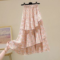 플라워 밴딩 여자 주름 롱 꽃무늬 스커트 하프 렝스 여름 꽃 프릴 a라인 케이크 용 드롭