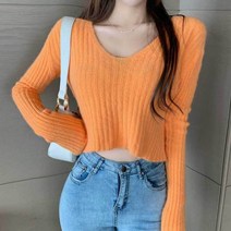 루즈핏 니트탑 브이넥 크롭 골지 니트 티셔츠 슬림