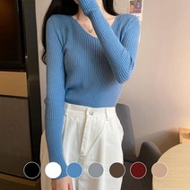 다잇템 [다잇템] 여자 슬림핏 딱붙는 V넥 골지니트 긴팔티