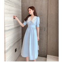 페미닌 빅 카라 레이스 퍼프 소매 날씬 허리 셔링 주름 셔츠 하늘색 미디엄 원피스